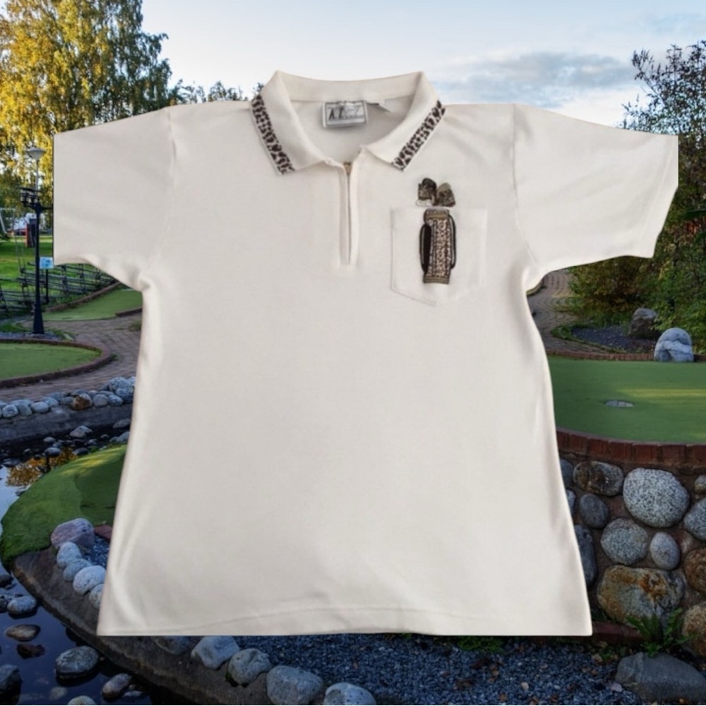 Kenneth Tool Vintage white polo Shirt Tiger Print‎ Woman’s Size M
